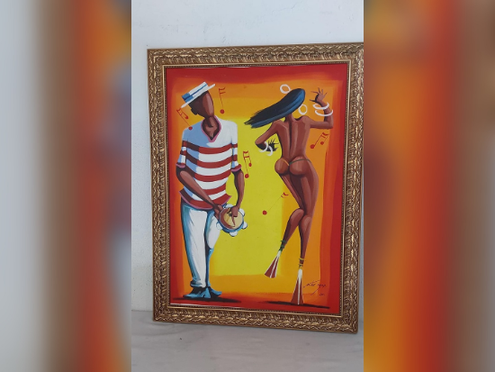 Quadro de samba em estilo contemporâneo, com cores vibrantes, representando a cultura brasileira, do artista André Moço (2011).